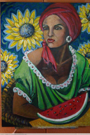 MADAME CALALÚ CON GIRASOLES Y SANDÍA Acrílico Lienzo Figura