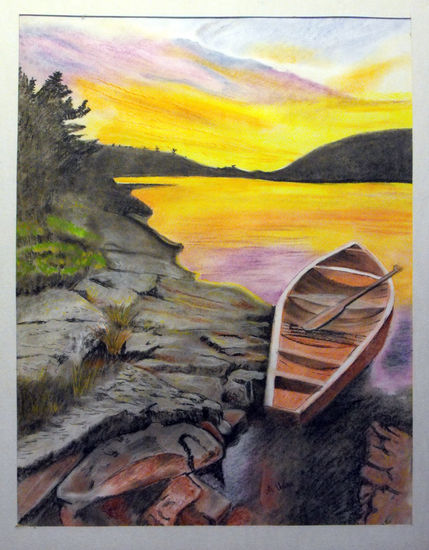 La barca al atardecer Pastel Papel Paisaje