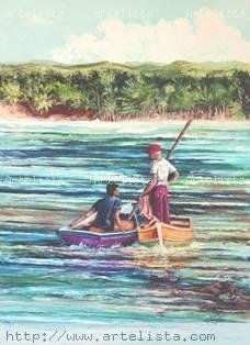 pescadores en sanchez samana Oil Canvas Marine Painting