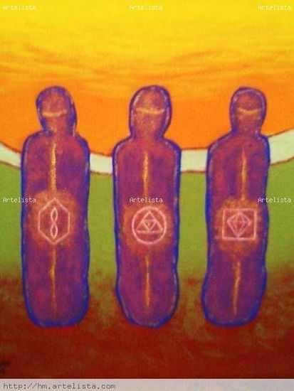 The Triplets GeoNomads Spirits - Los Triples Espiritus GeoNomadas Acrylic Canvas Figure Painting