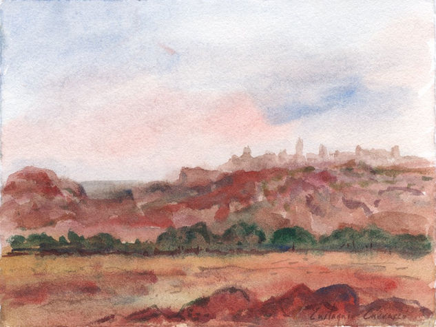 Campo y al fondo la ciudad de Emibes Watercolour Paper Landscaping