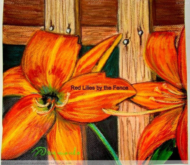 Red Lillies By the Fence Pastel Papel Floral