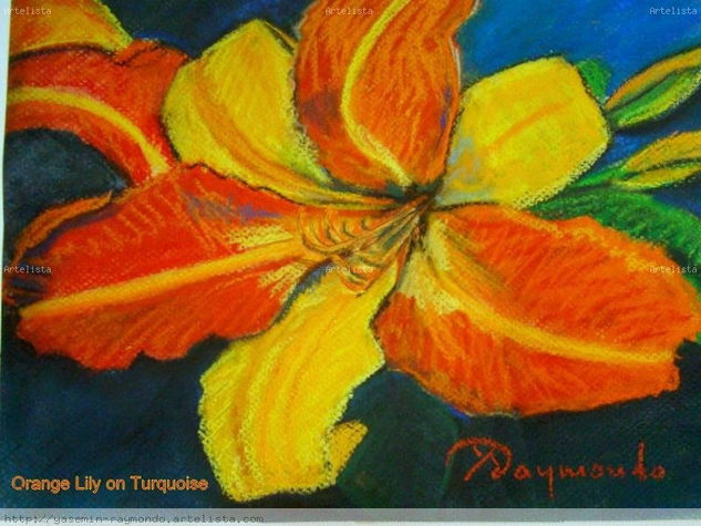 Yellow Lily on Turquoise Pastel Paper Floral Painting