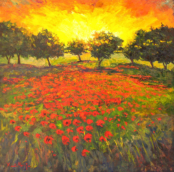 Crepuscle amb roelles 100 x 100 cm. Oil Canvas Landscaping