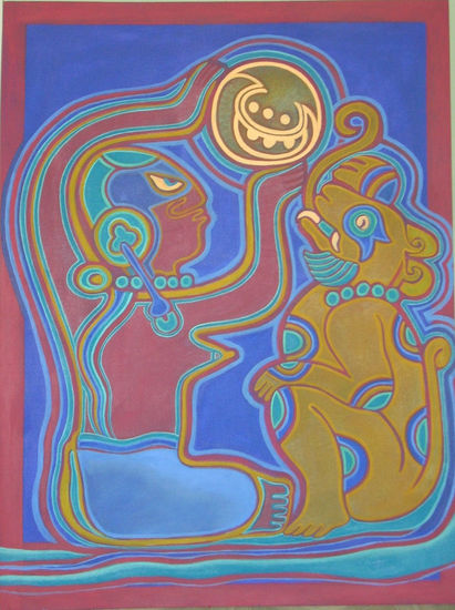 MAYA CON JAGUAR Acrylic Textile Figure Painting