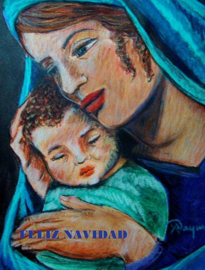 Madonna y Niño Pastel Paper Figure Painting