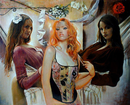 Las Tres Gracias Oil Panel Figure Painting