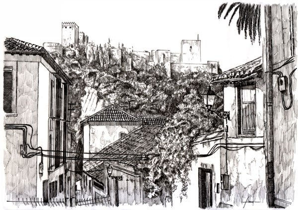 Vista de la Alcazaba desde el Albaycin en Granada-España Ink