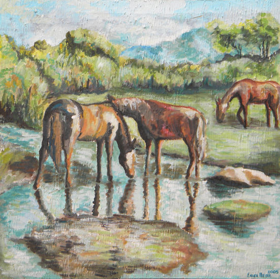 Caballos en Río Juramento Oil Textile Animals