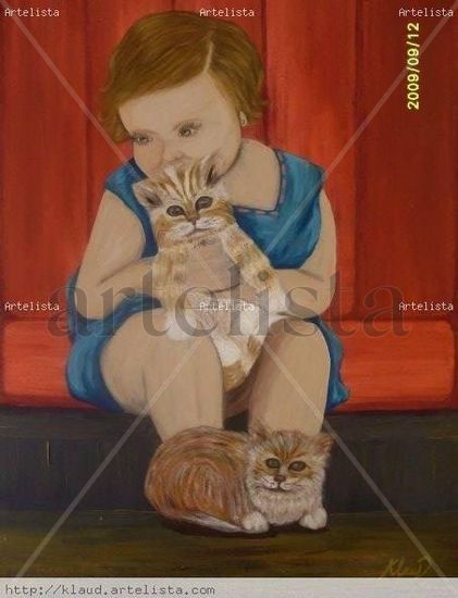 niña gato Oil Canvas Animals