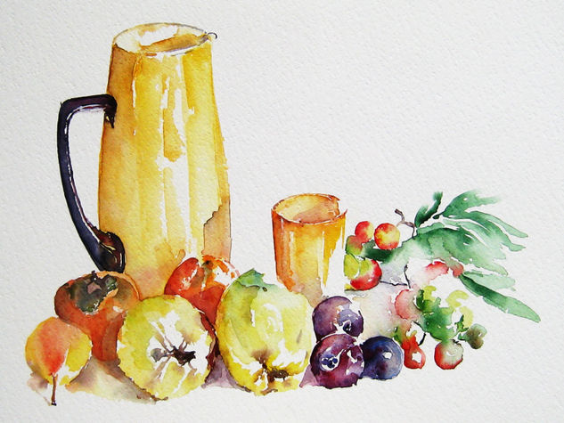 Bodegon Amarillo, by Amapola Herrera Watercolour Paper Still Life Paintings