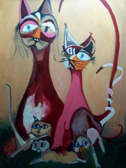 Familia de gatos Oil Panel Animals