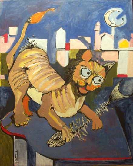 Gato comiendo Oil Panel Animals