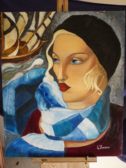 la sciarpa blu Oil Canvas Portrait