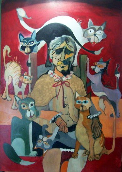 Madona de los gatos Oil Panel Animals