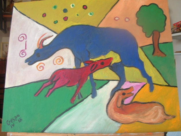 Cabra azul, óleo madera 60x60 cm. de Crespo