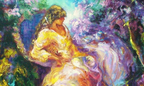 figura ,  mujeres en jardin  flores