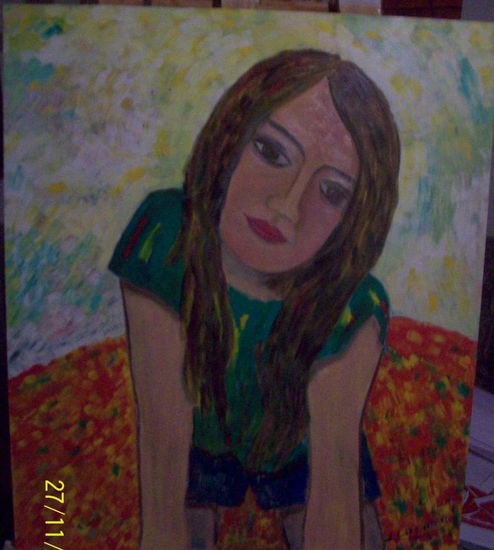 karen en verde Oil Panel Figure Painting