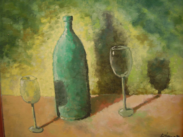 BOTELLA CON COPAS Oil Panel Still Life Paintings