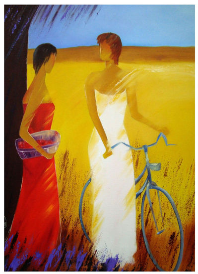 MUJERES EN BICICLETA Oil Canvas Figure Painting