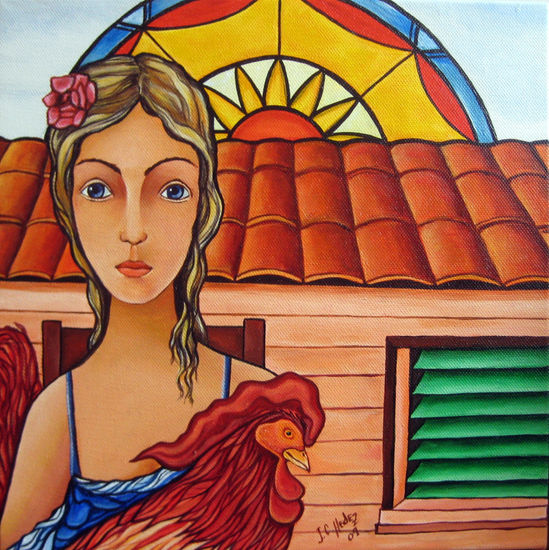 mujer con gallo 