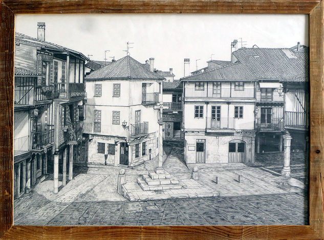 Plaza mayor de La Alberca Grafito Papel Paisaje