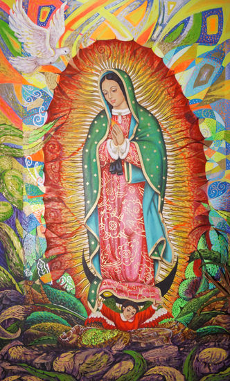 Virgen de Guadalupe Oil Panel Figure Painting