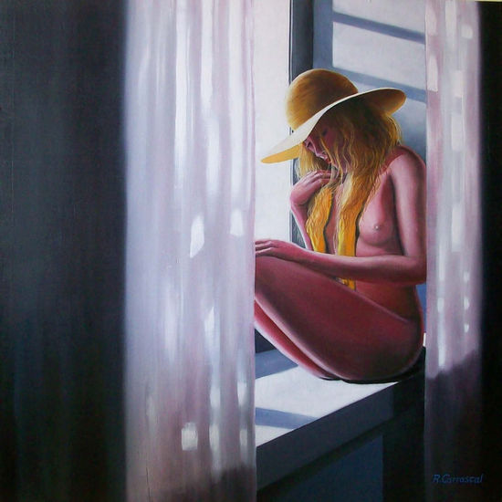 mujer en la ventana con pamela Oil Panel Nude Paintings