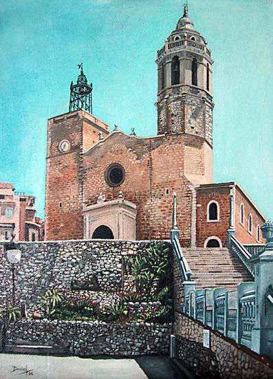 La Iglesia de Sitges Óleo Tabla Paisaje