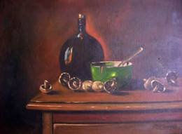 BODEGON DE LOS CHAMPIÑONES Y BOTELLA. Oil Canvas Still Life Paintings