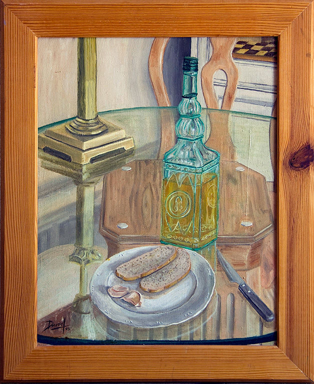Bodegón con aceite, pan y ajos