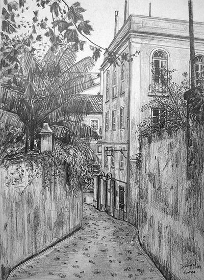 Calle de Sintra Grafito Papel Paisaje