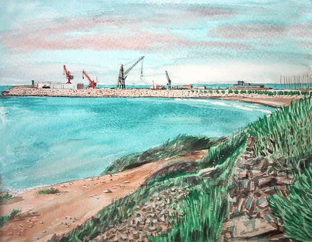 Playa y puerto de Vilanova Watercolour Paper Marine Painting