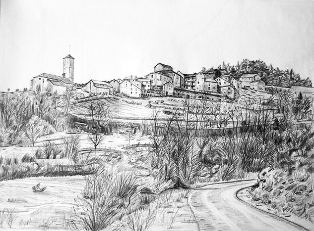 Pueblo de Huesca Grafito Papel Paisaje