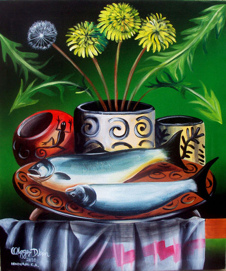 BODEGON LENCA FLOR DIENTE DE LEON Acrylic Canvas Still Life Paintings