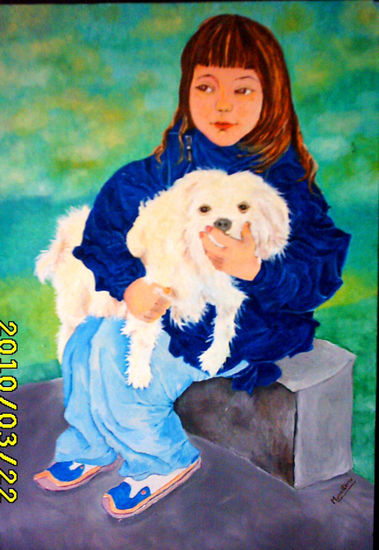 Niña con su perro Oil Panel Figure Painting