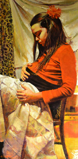 La Joven Madre Oil Panel Figure Painting