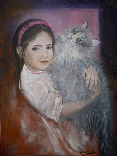 "Clarita y Gochi" Óleo Lienzo Retrato