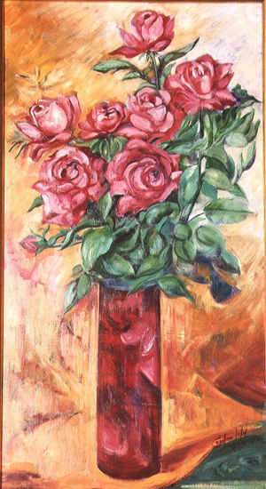 ROSAS FLORERO ROJO Oil Panel Floral Painting