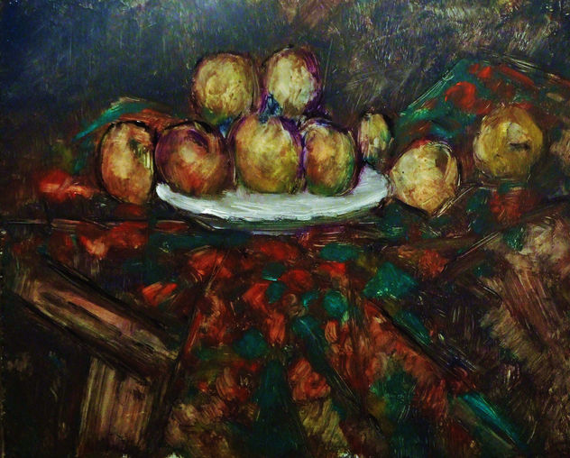 Bodegon A Las Manzanas Sobre Mantel A Flores Rojas