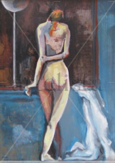 Mujer asomandose a la noche Oil Panel Figure Painting