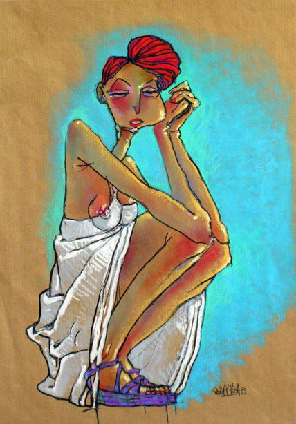 Mujer sobre fondo azul
