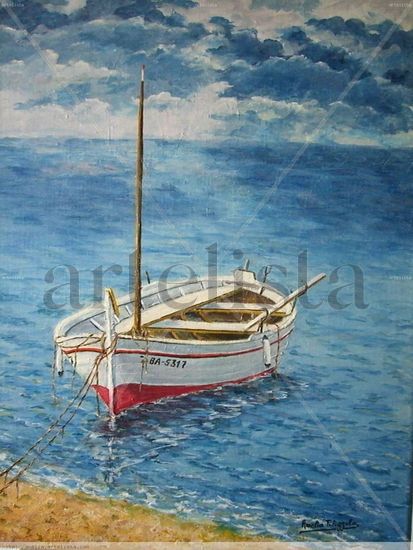 Barca. L'Escala. Puerto Oil Canvas Marine Painting