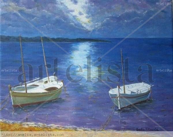 Barcas en penumbra Oil Canvas Marine Painting