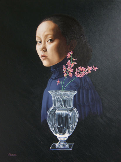 Oriental con jarrón y flores Oil Canvas Figure Painting