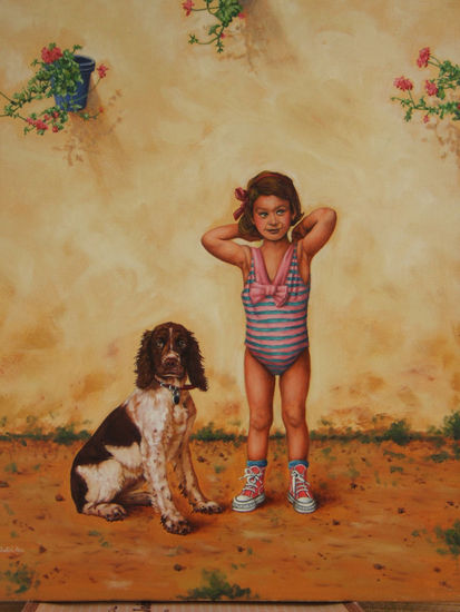 Niña con perro Oil Canvas Figure Painting