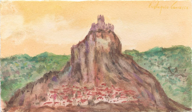 Pueblo y castillo sobre un cerro Watercolour Paper Landscaping