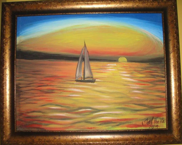 botes en un atardecer Acrylic Textile Marine Painting