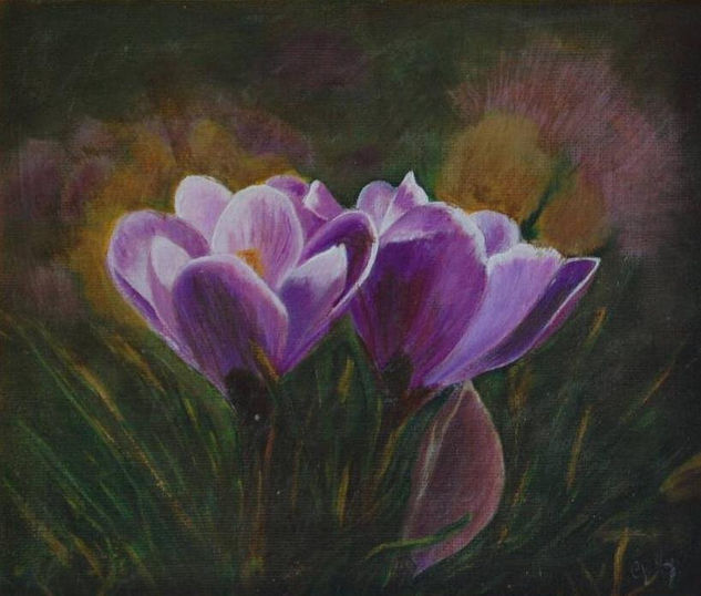 Crocus en mi jardin Oil Panel Floral Painting