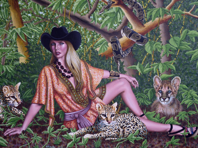 Joven con serpiente,puma y ocelotes 